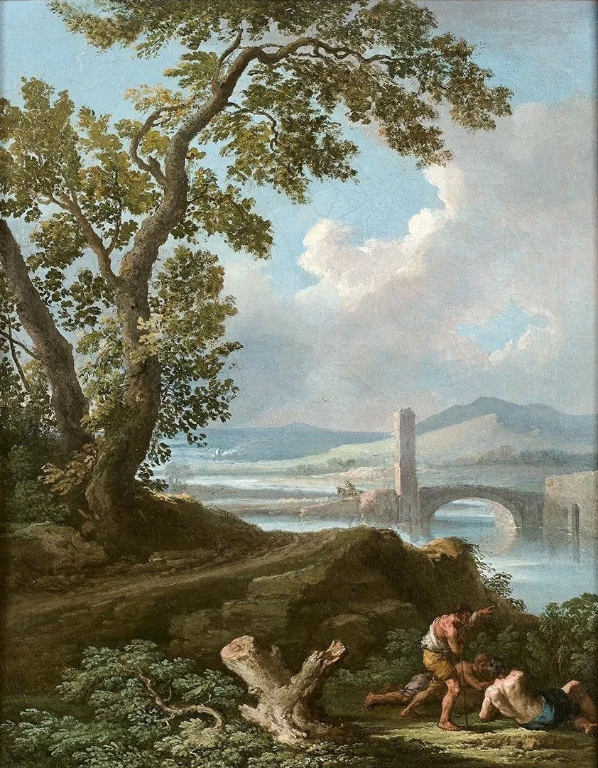 Paesaggio con fiume, ponte e figure - attribuito